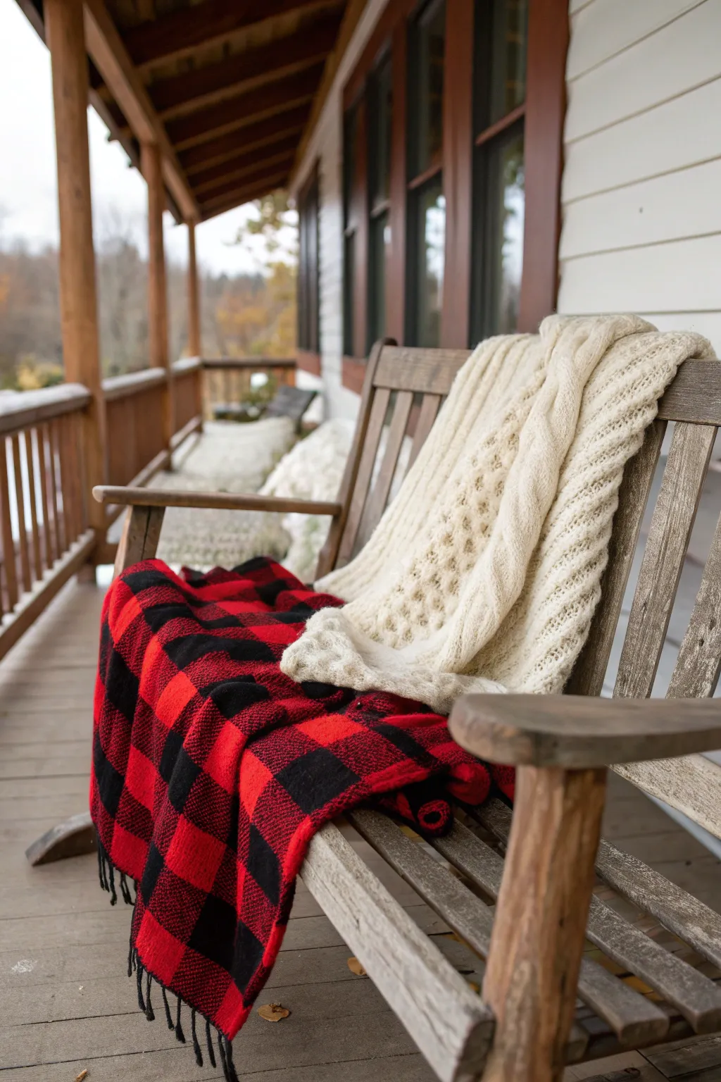 1 a rustic wooden bench on a covered porch drap