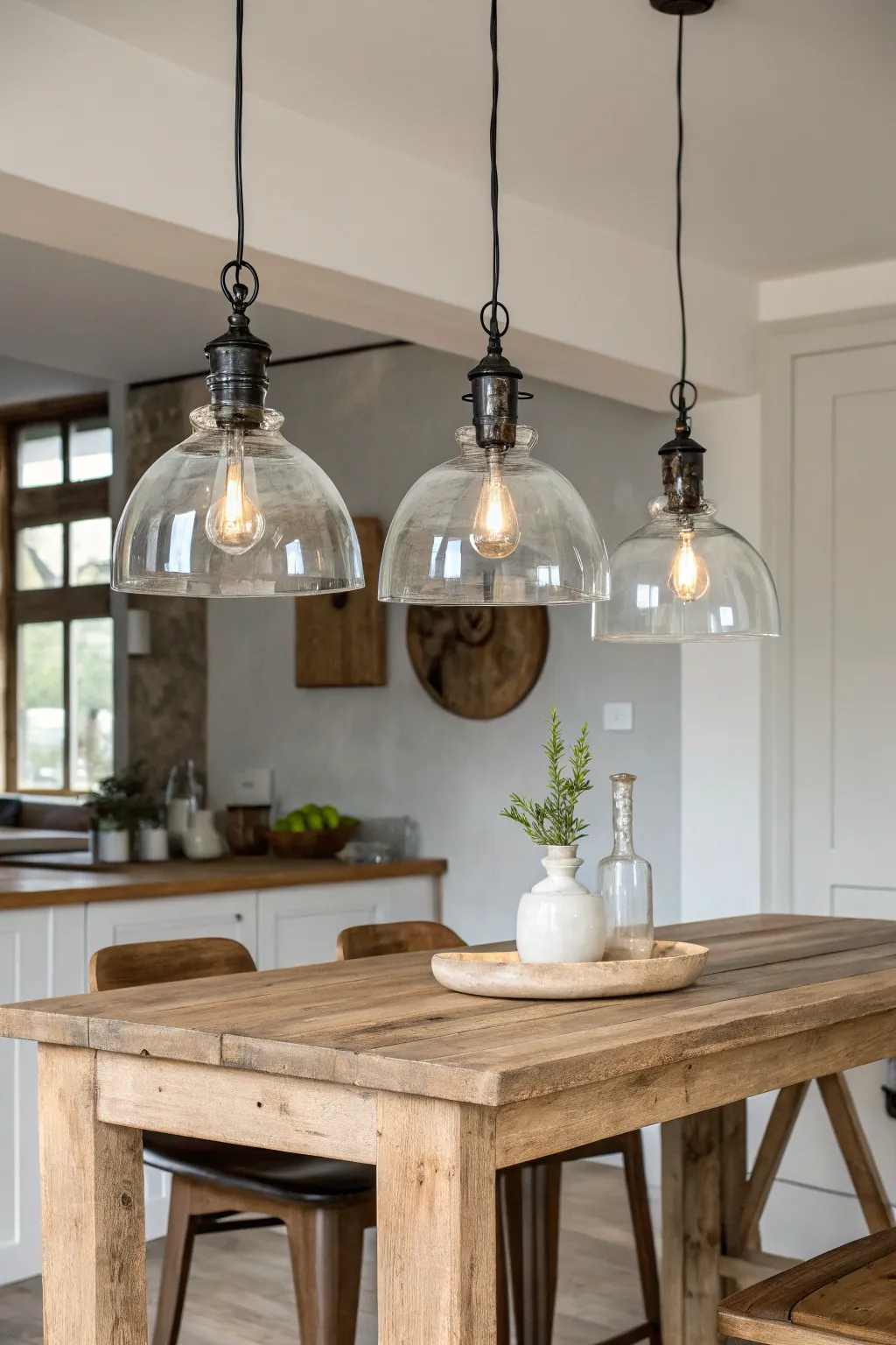1 a rustic wooden kitchen table with a cluster o