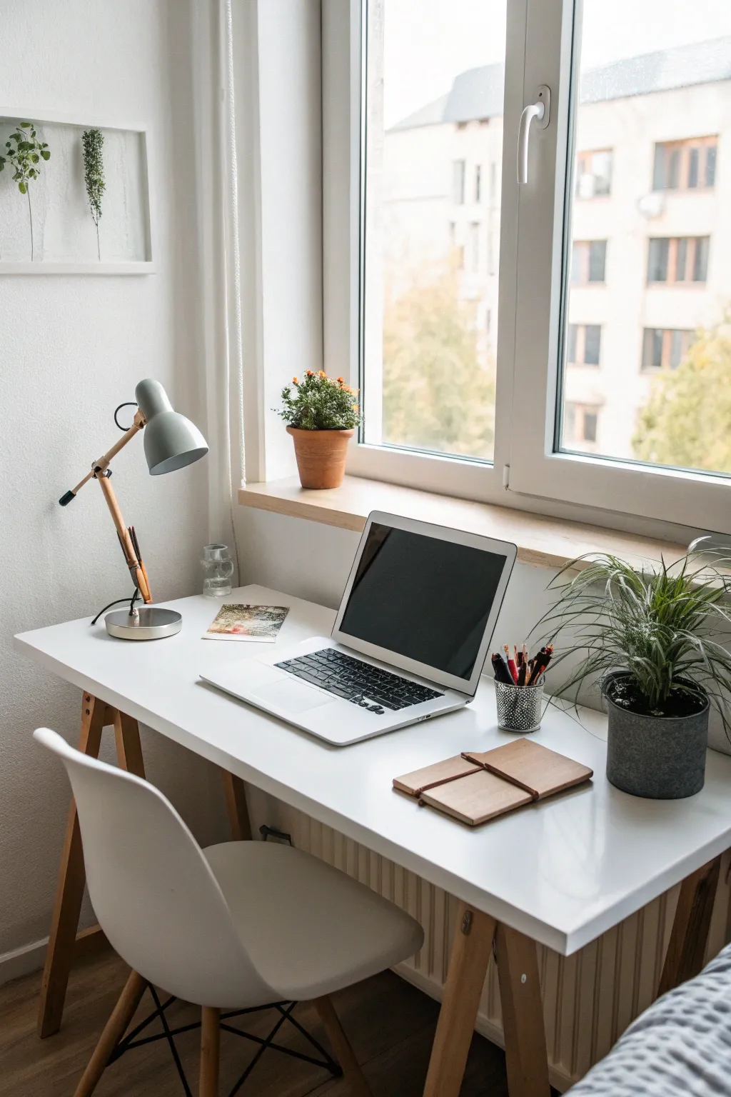 1 realistic dorm room desk setup with minimalist