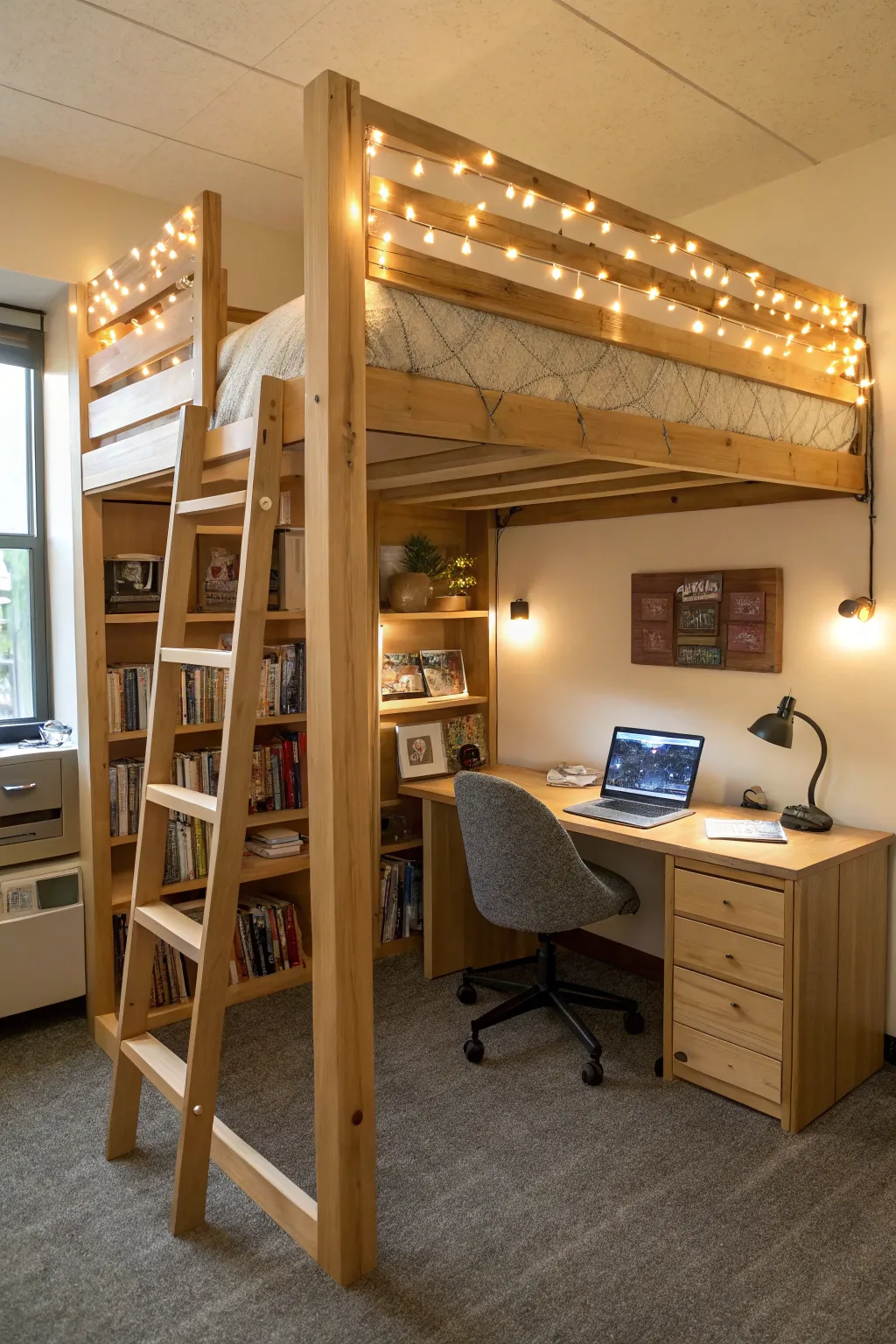 1 realistic dorm room with a loft bed setup wo