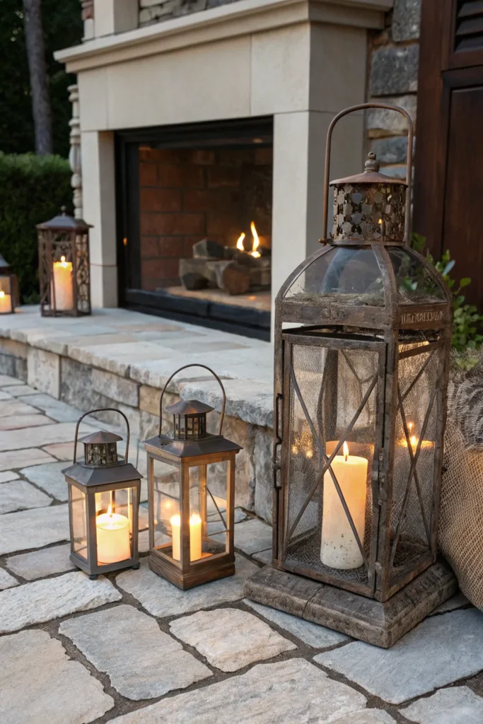 10 a grouping of three lanterns on the stone pat