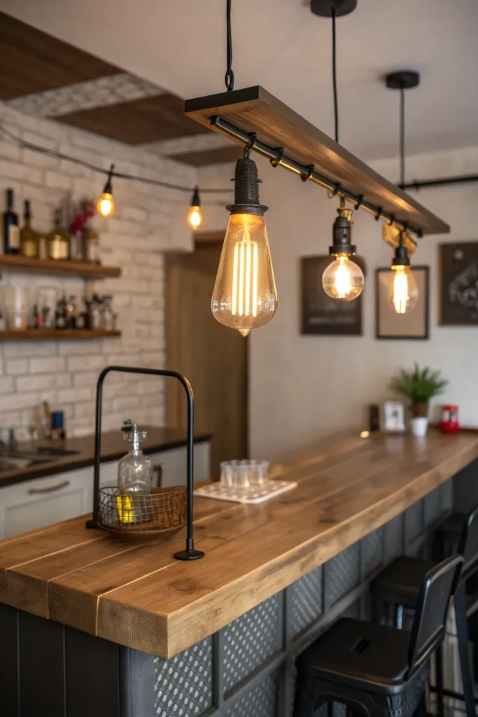10 a kitchen bar with a rustic wood counter a p