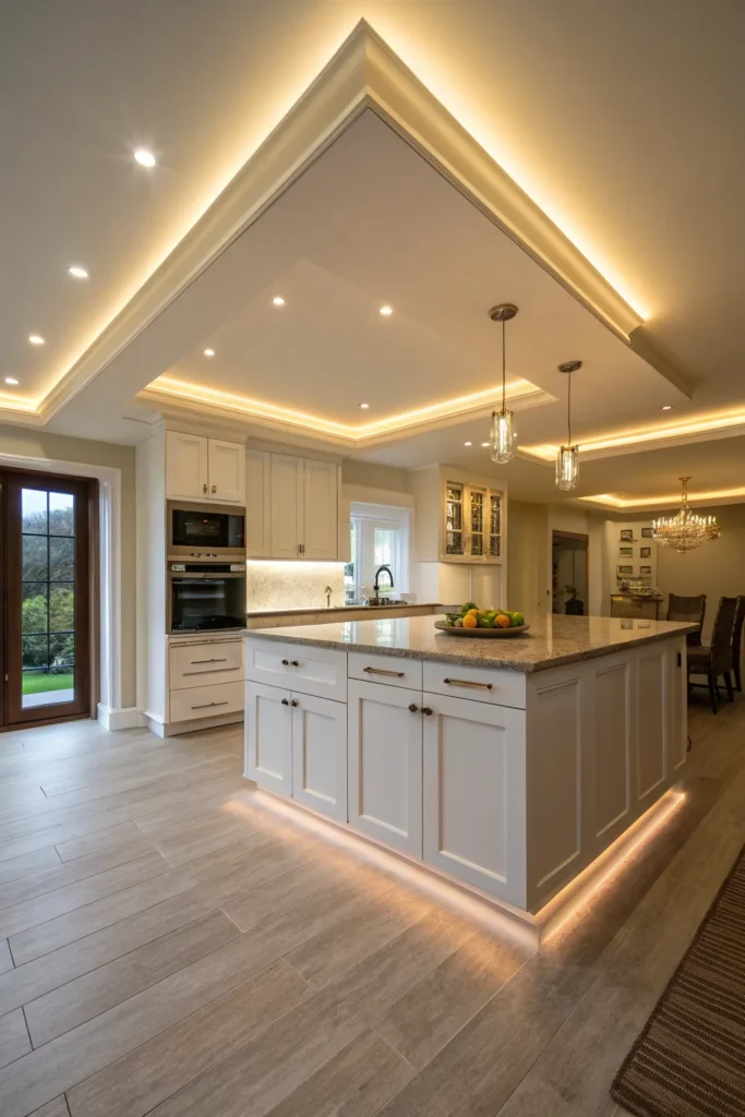 10 a kitchen with a low ceiling that has a built