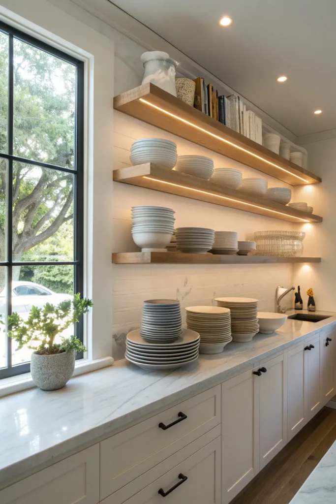 10 a kitchen with open shelving instead of upper