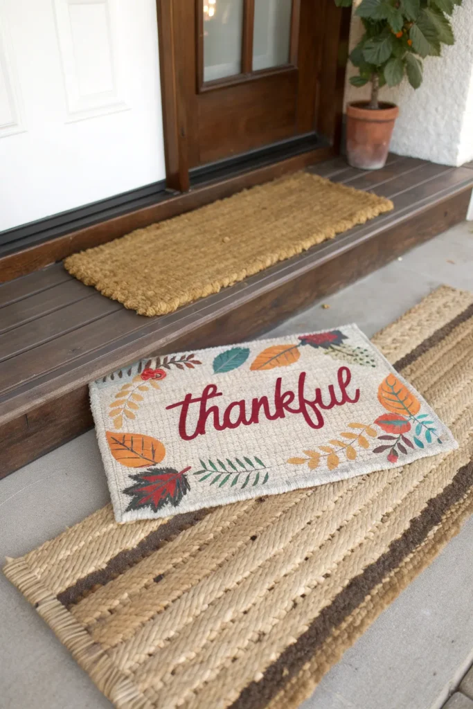 10 a layered rug setup in front of a bench a la