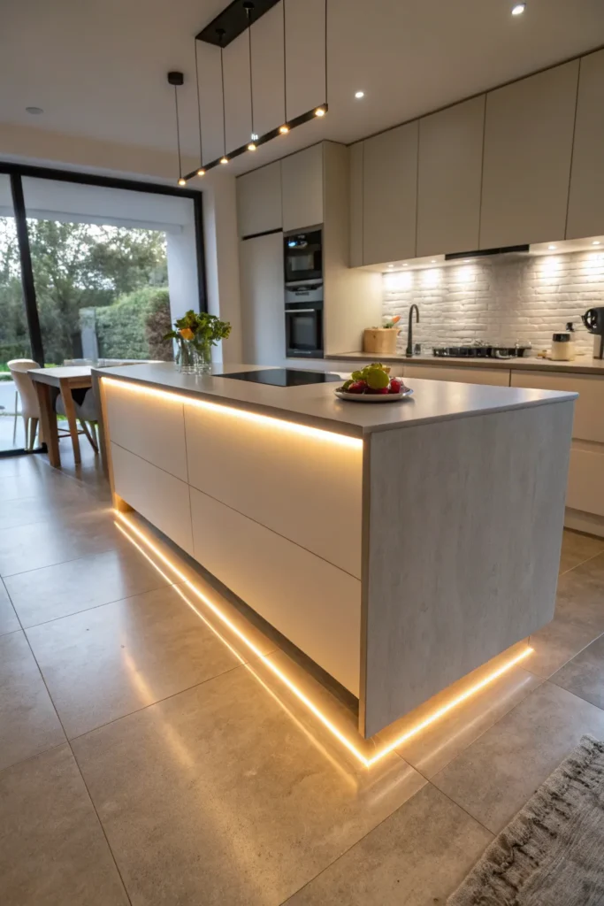 10 a modern kitchen island with an overhanging c