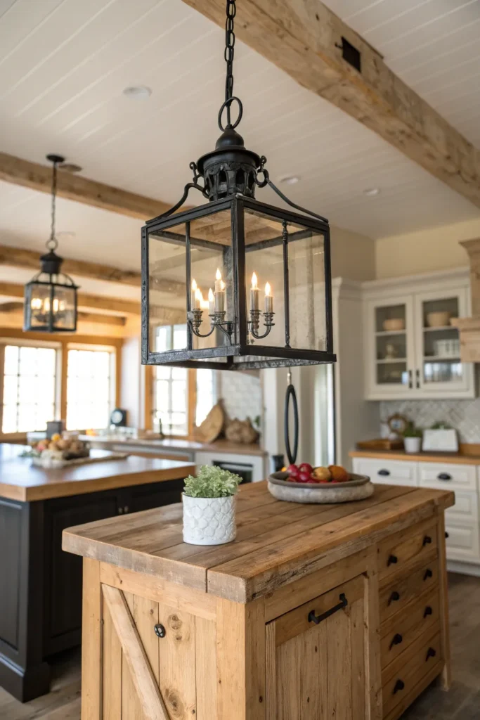 10 a rustic kitchen with a wooden island a blac
