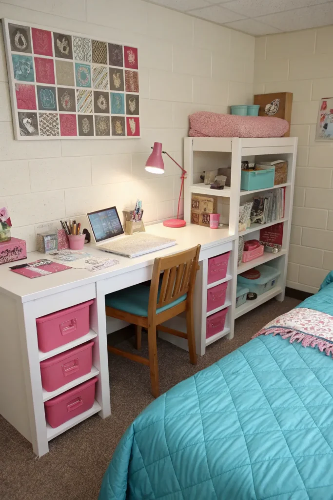 10 dorm room with pink desk accessories includin