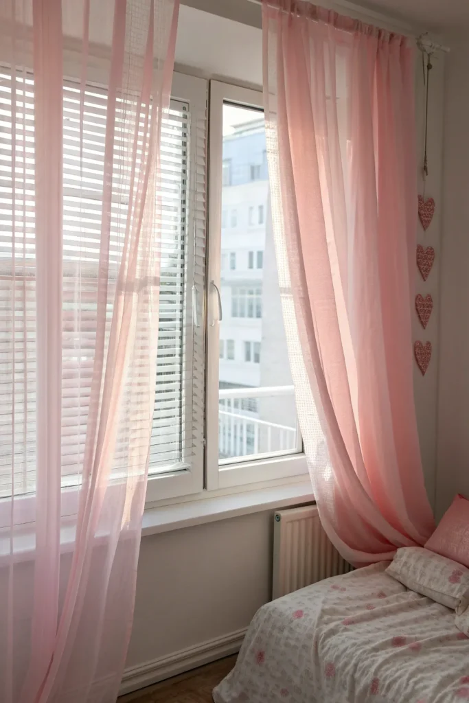 10 dorm window with sheer pink curtains glowing