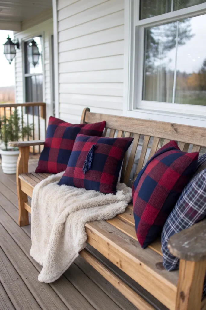 11 a cozy porch seating area with a wooden bench