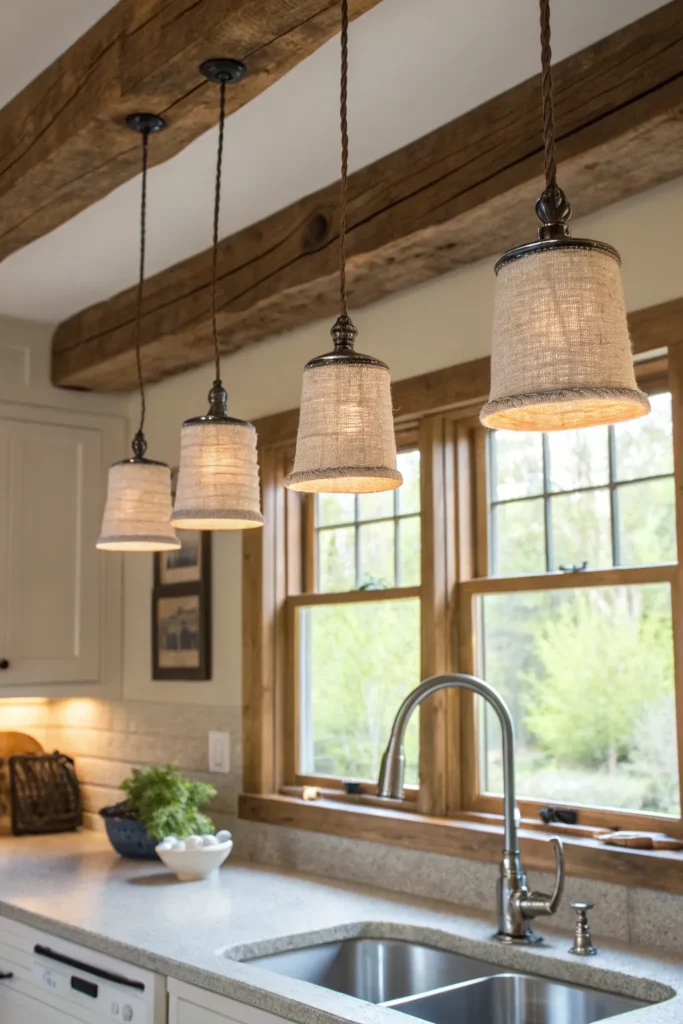 11 a kitchen with a rustic wooden beam across th
