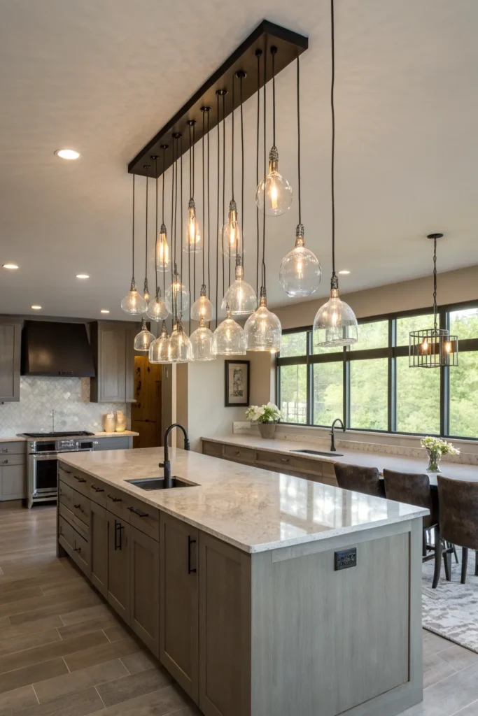 11 a large kitchen island a multi light cluster