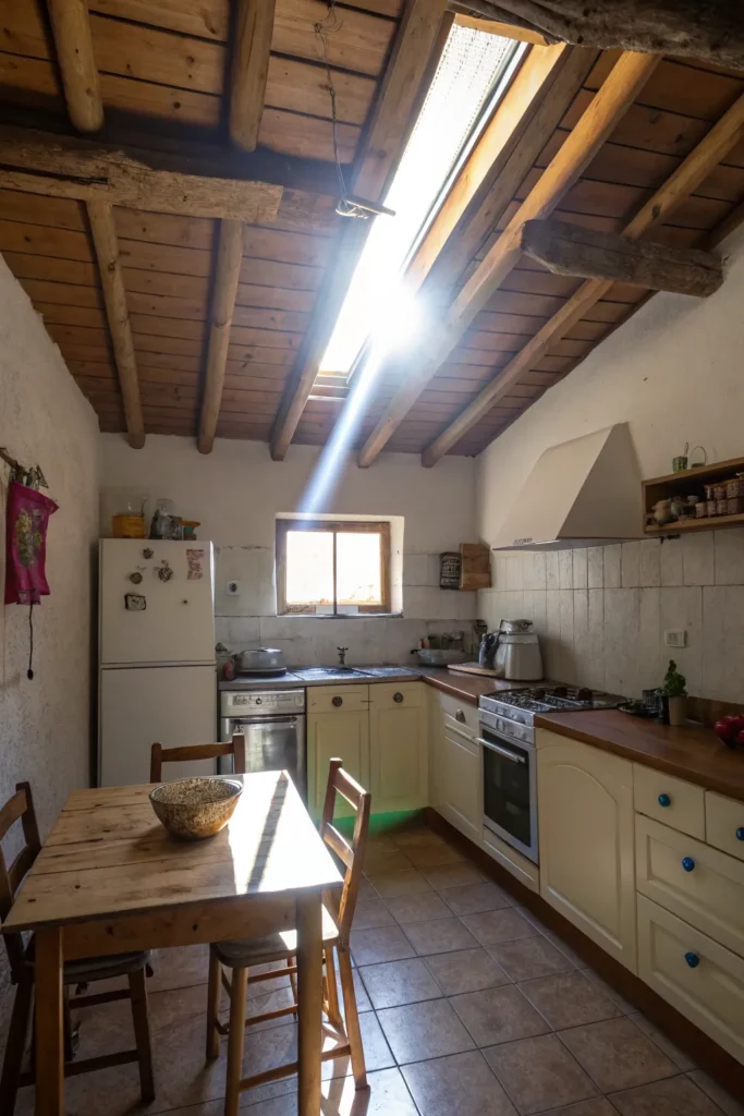 11 a small kitchen with a low ceiling brightene