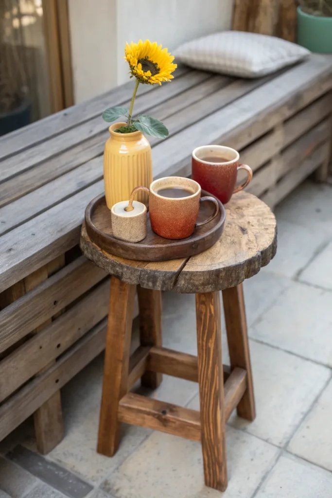 11 a small rustic wooden stool serving as a sid