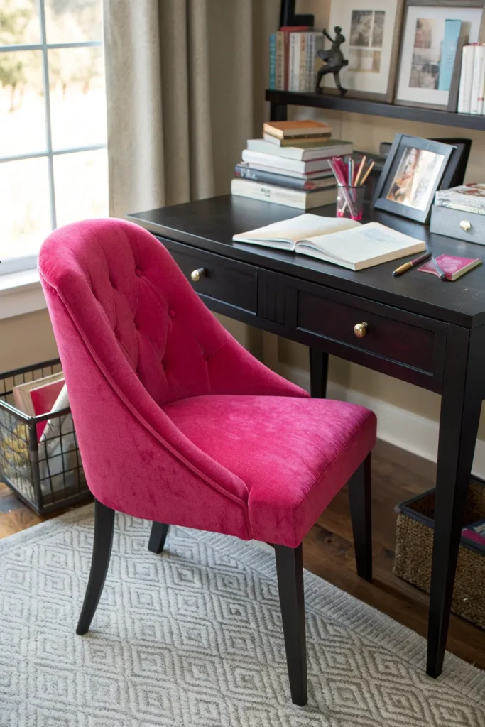 11 a study nook with a black wooden desk and a v