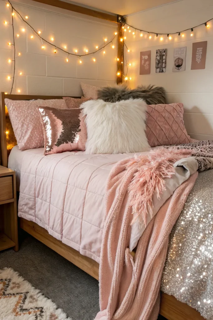 11 accent pillows throws a dorm bed styled wit
