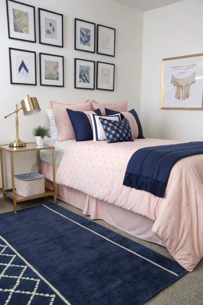 11 elegant dorm setup with navy blue rug blush