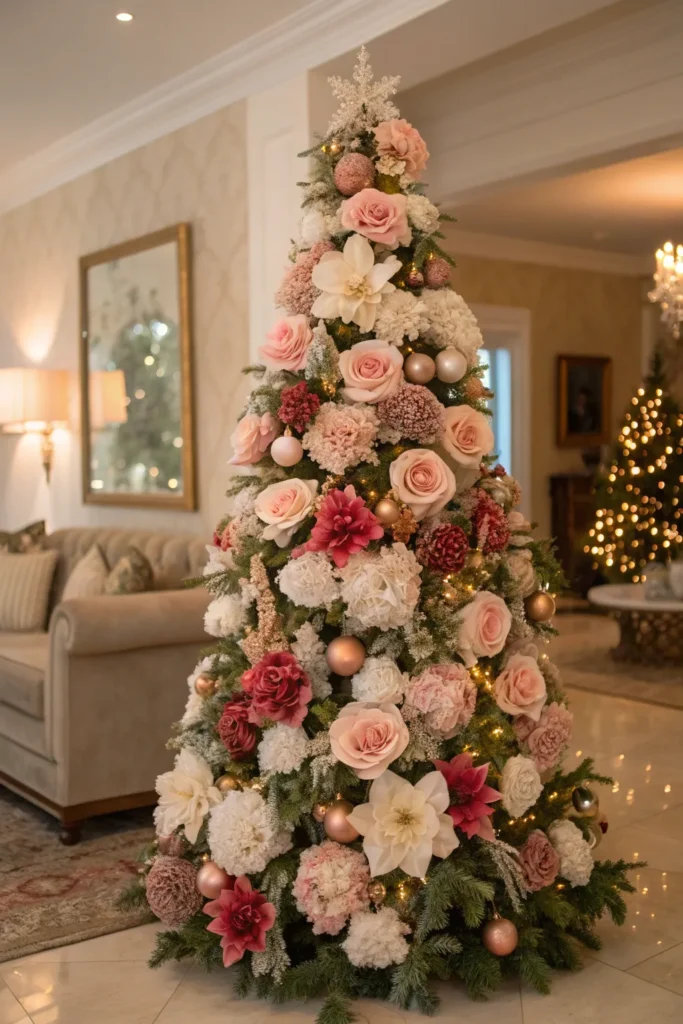 14 Christmas Tree Decorations to Make Your Tree Stand Out 11 floral christmas tree with faux roses poinse