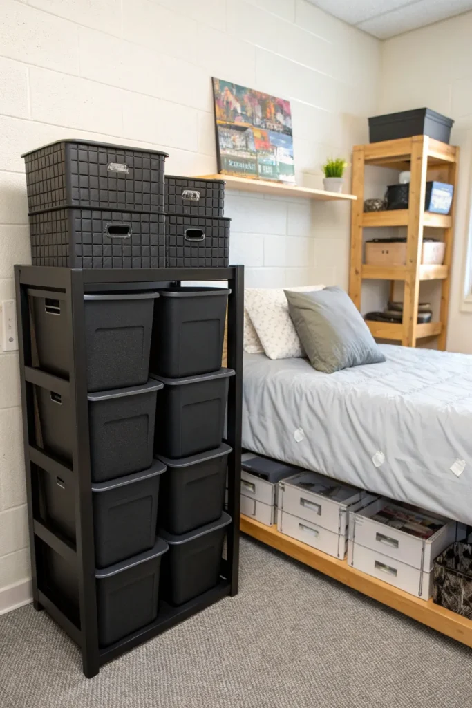 11 under bed black storage bins neatly stacked