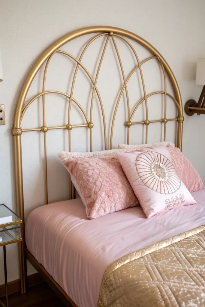 12 a dorm bed featuring an elegant curved golde