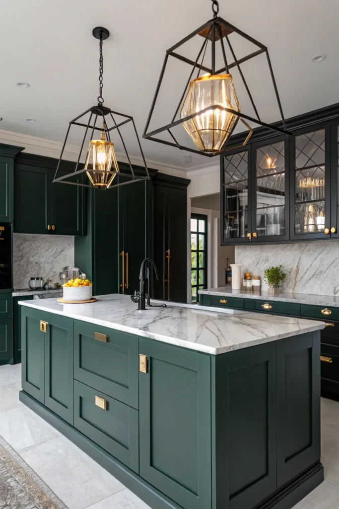 12 a kitchen with dark green cabinets and a marb