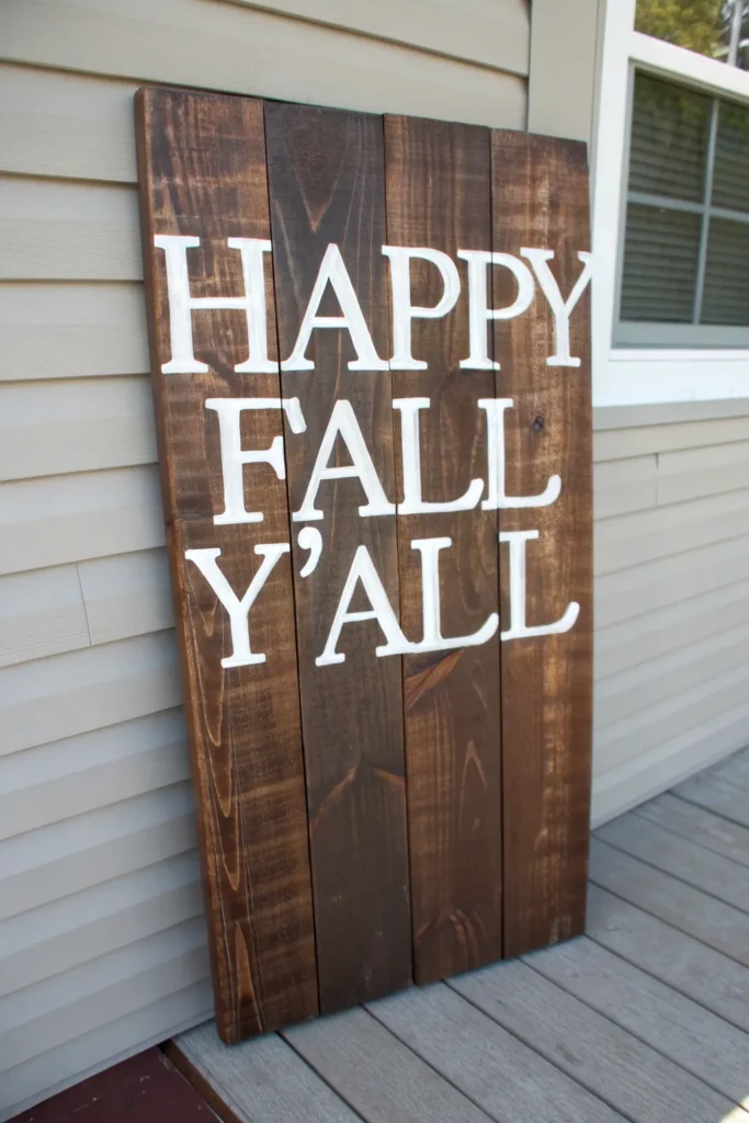 12 a large rustic wooden porch sign propped aga