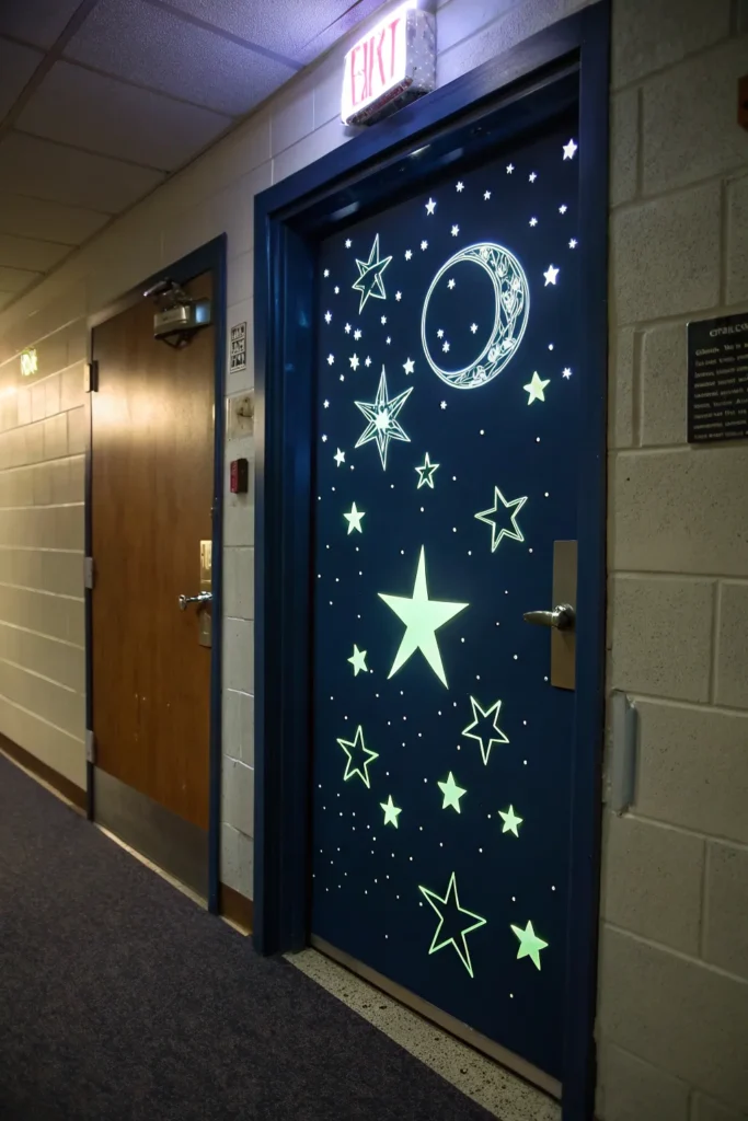 12 a magical celestial dorm door in a darkened