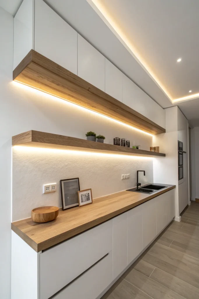 12 a minimalist kitchen with two floating wooden