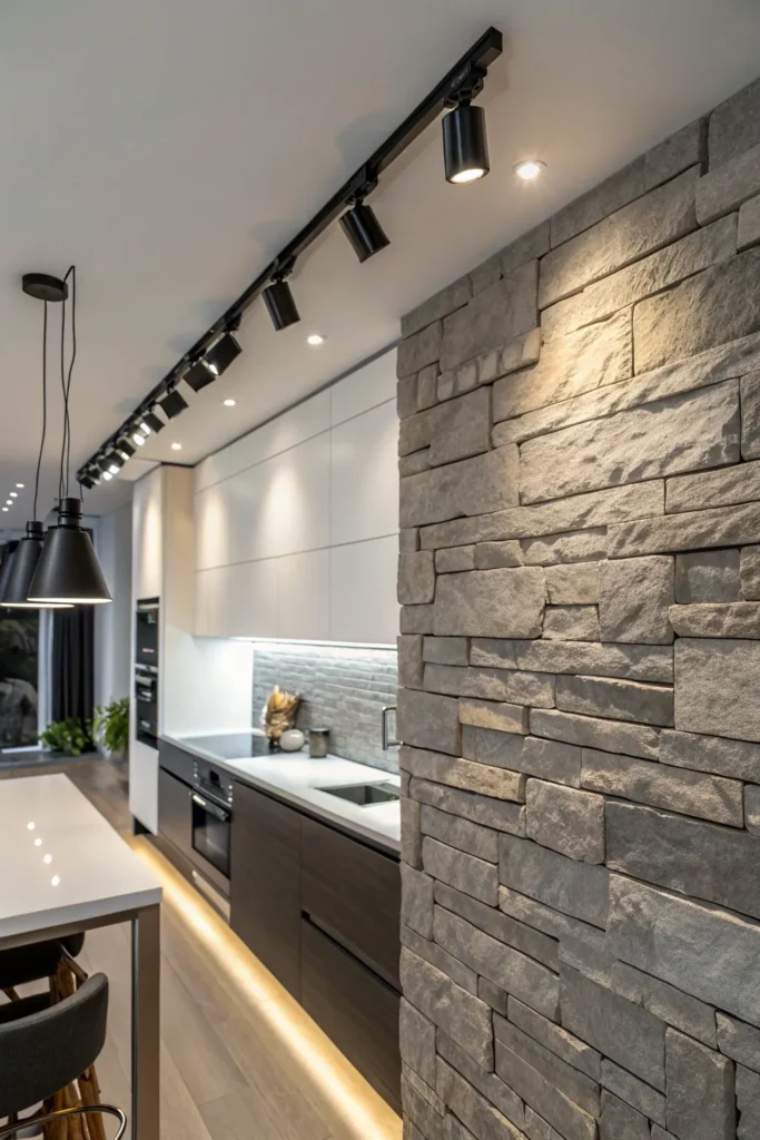 12 a modern kitchen with a dramatic accent wall