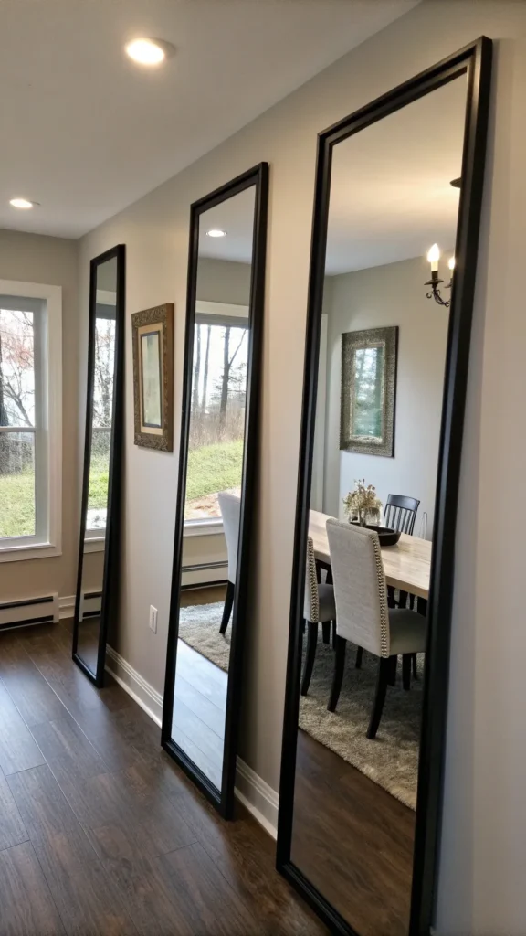 13 Dining Room Mirror Ideas to Brighten and Enlarge Your Space 12 a realistic narrow dining room featuring thre