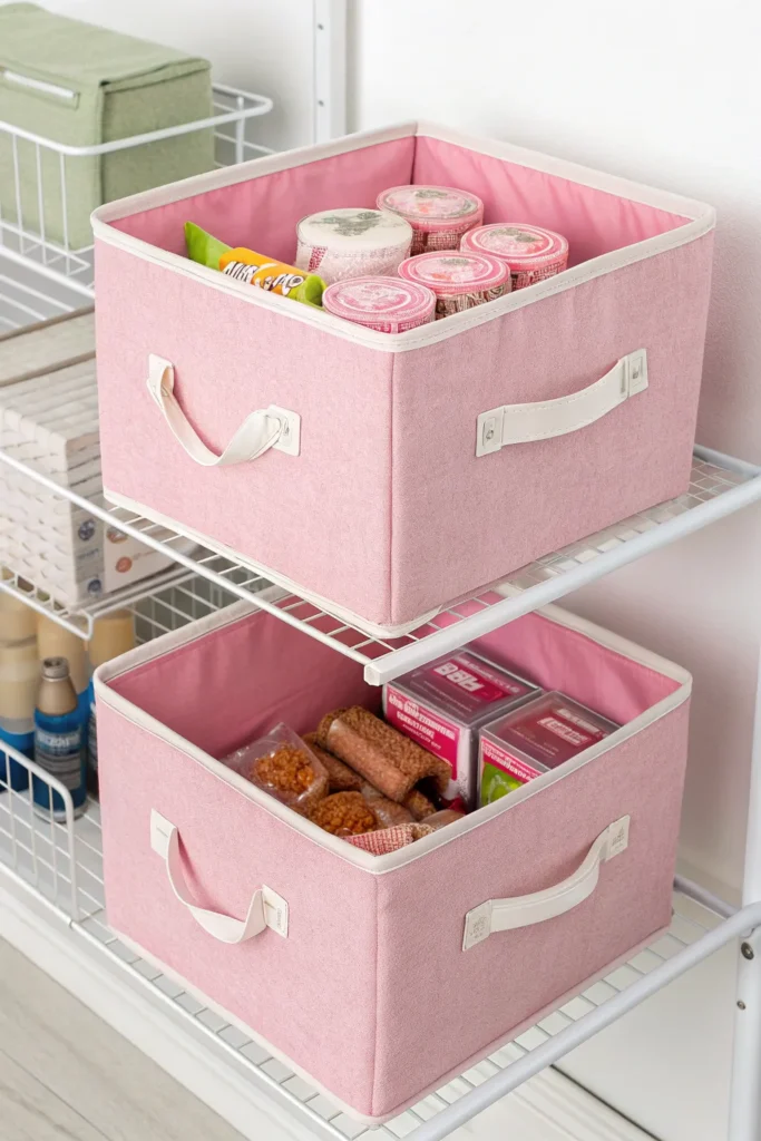 12 a set of matching pink fabric storage bins wi