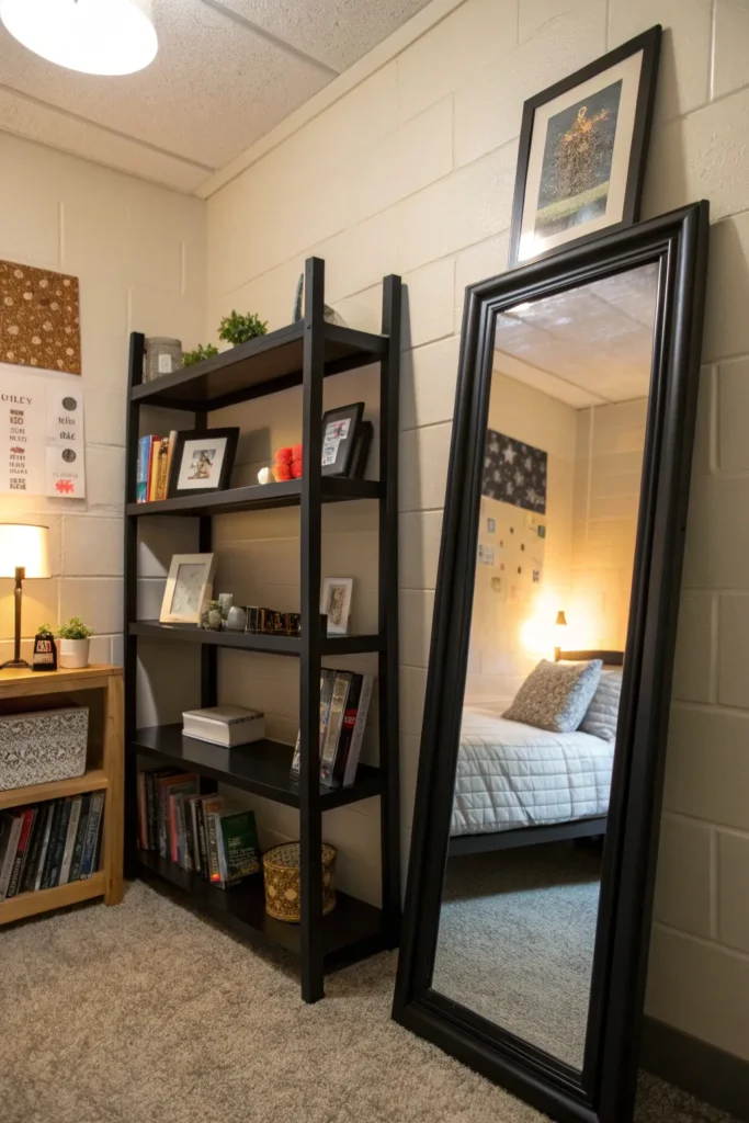 12 a small black framed mirror leaning against t