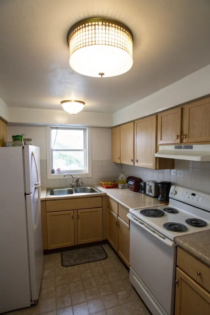 12 a small kitchen with a very low ceiling a si