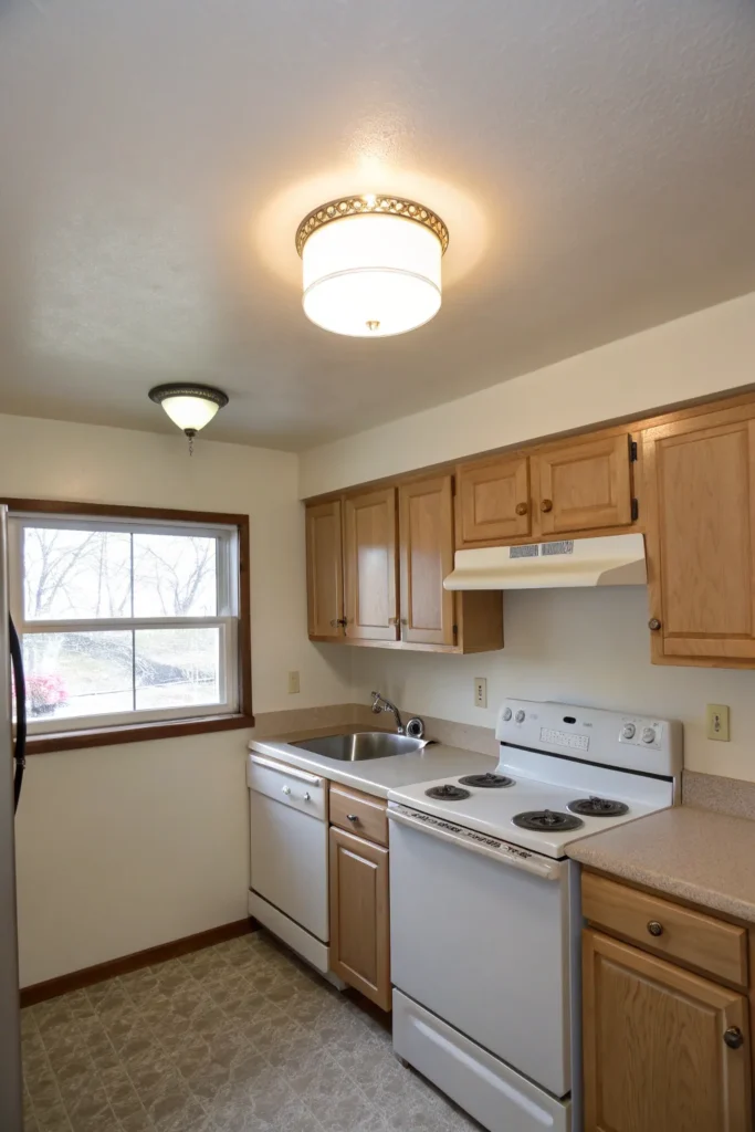 12 a small kitchen with a very low ceiling above