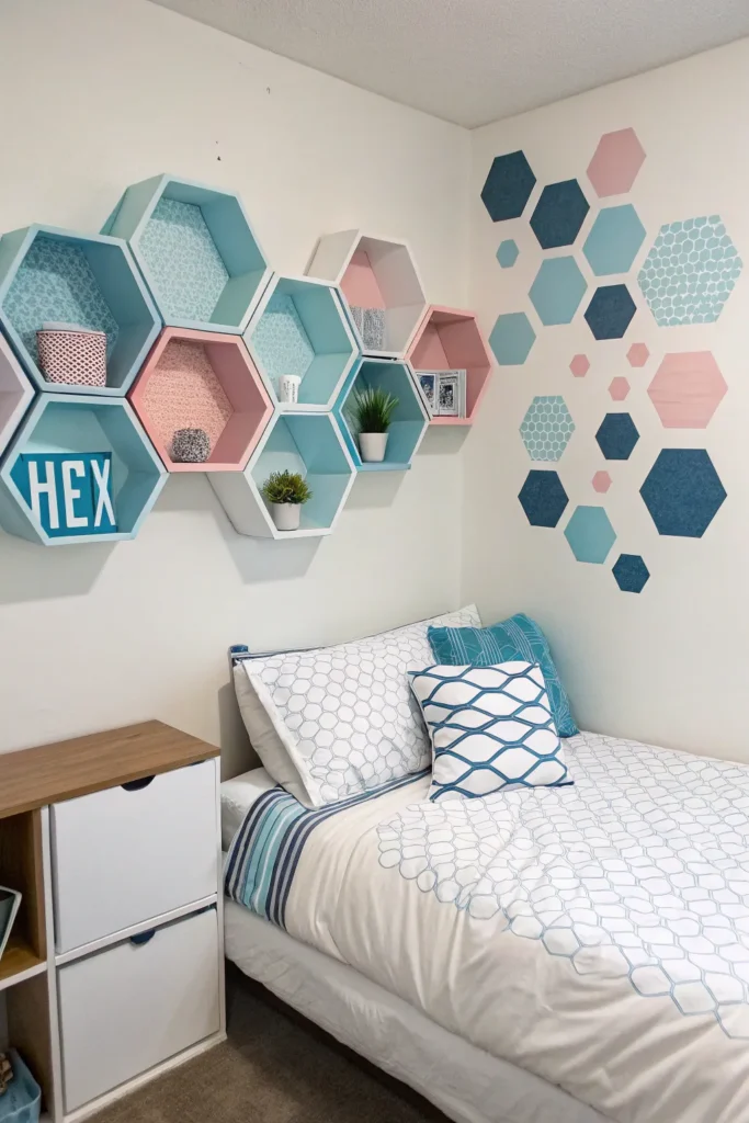 12 dorm wall decorated with geometric blue and p