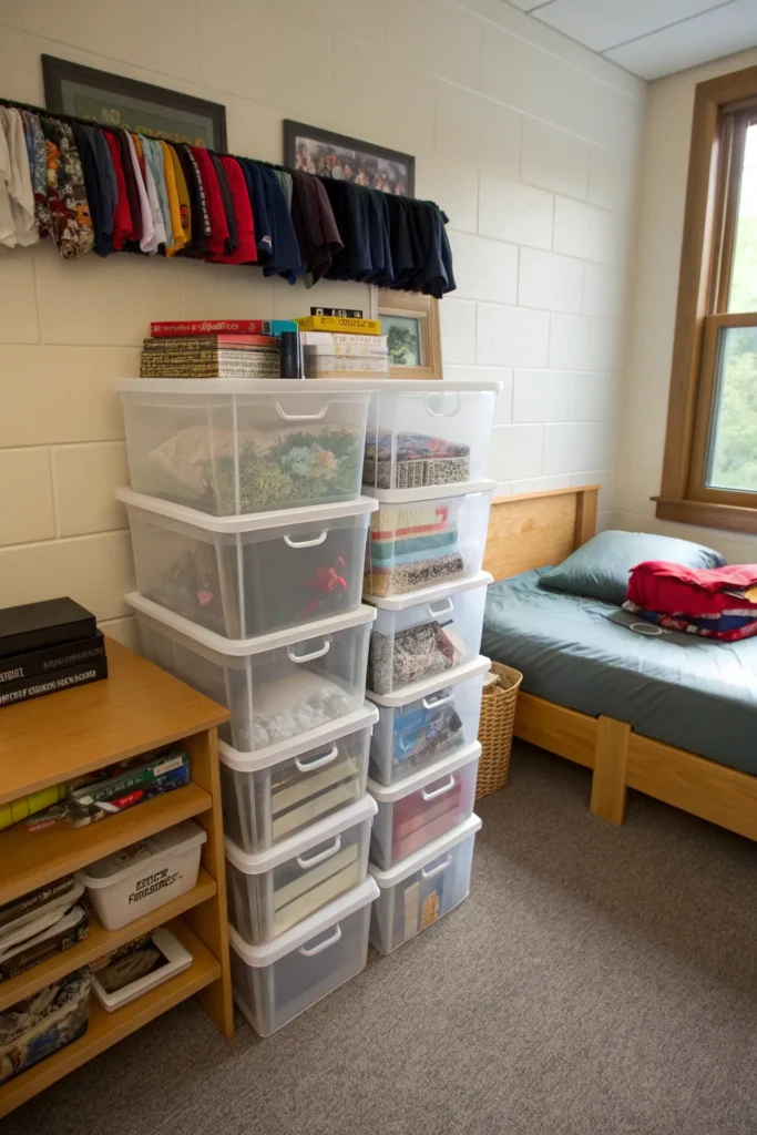 12 stackable storage bins realistic dorm setup