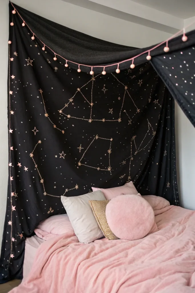 13 a cozy bed setup with a black tapestry featur