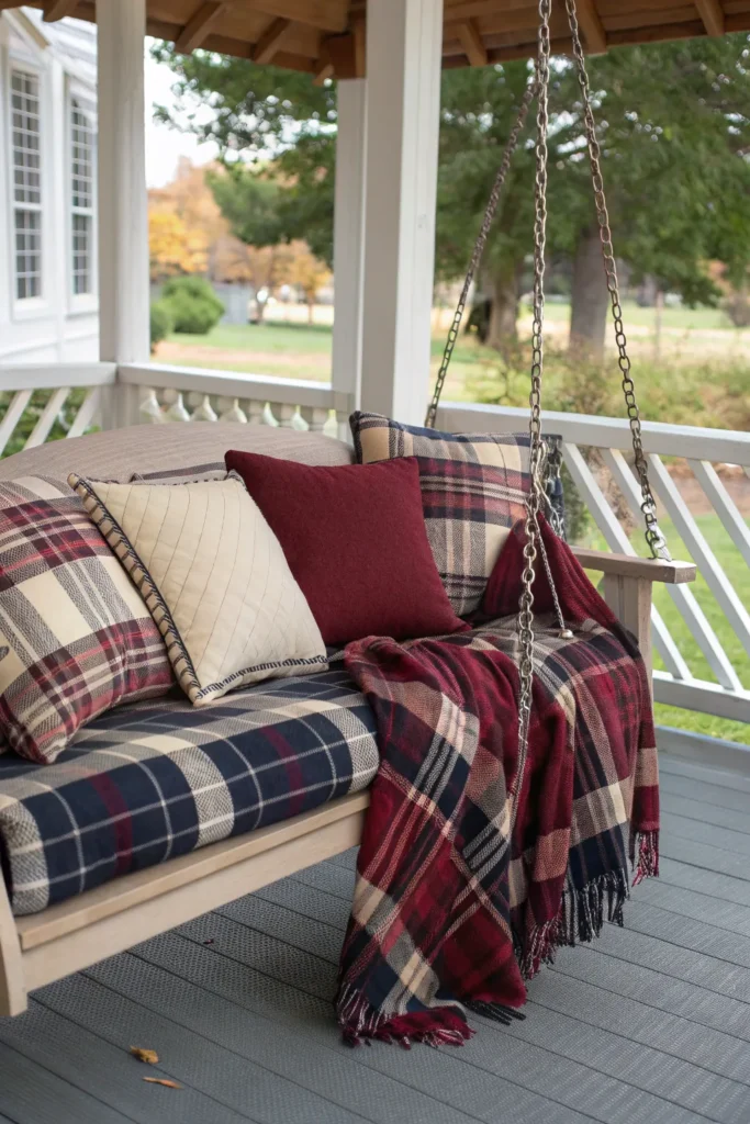 13 a cozy porch swing piled with an assortment o