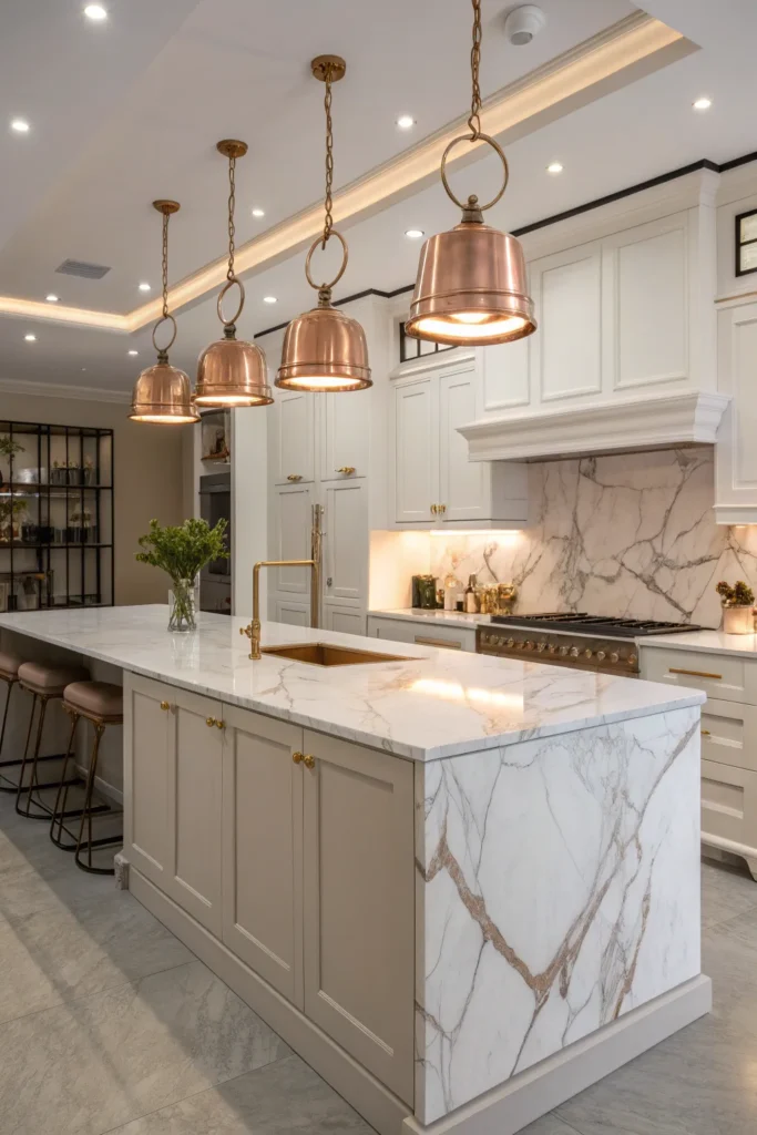 13 a kitchen with a marble topped island and bra