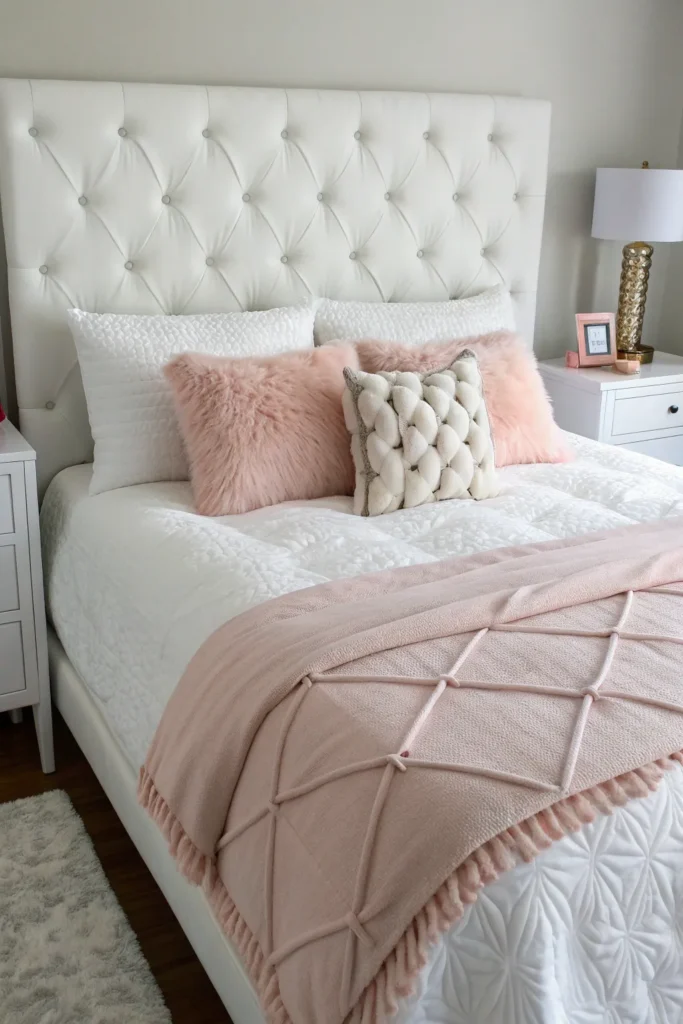 13 dorm bed with white tufted headboard blush p
