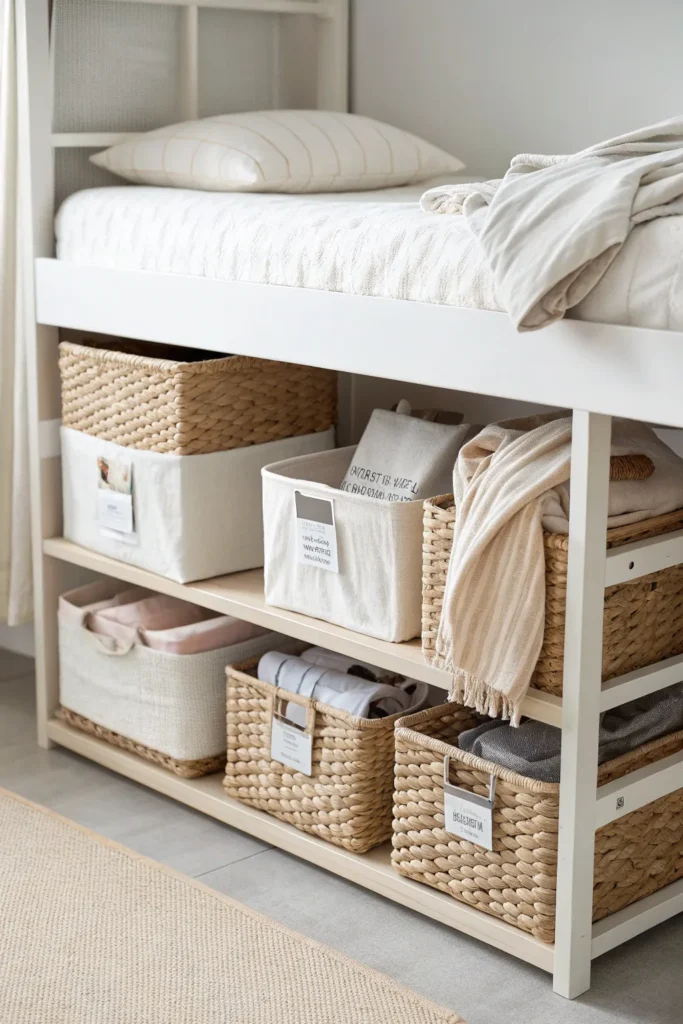 13 dorm storage styled with woven baskets and fa