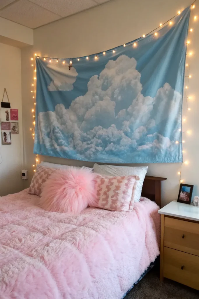13 dorm with a dreamy blue sky tapestry fluffy
