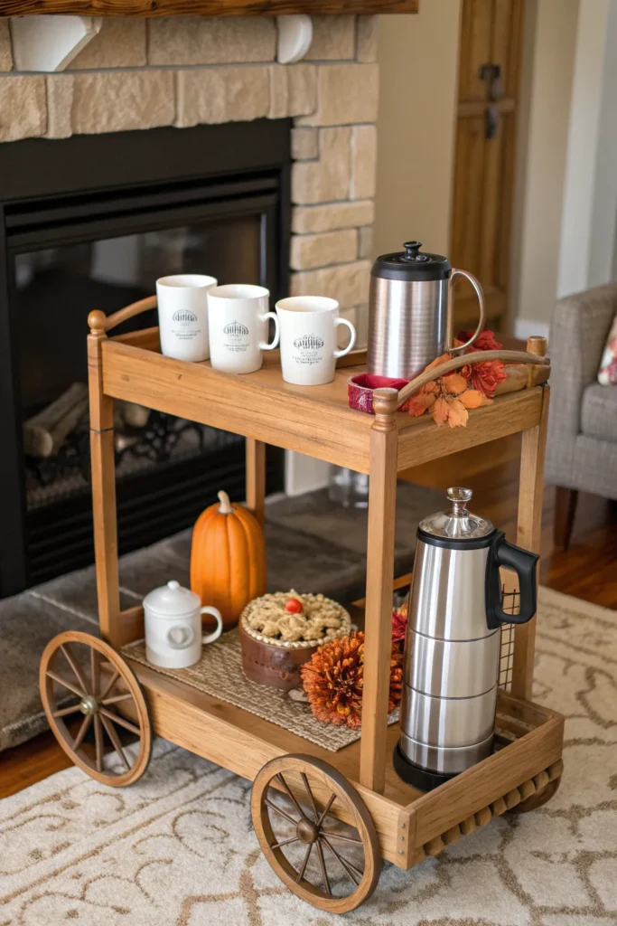 14 a charming wooden beverage cart stationed nea