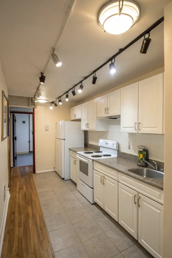 14 a compact kitchen apartment with low ceilings