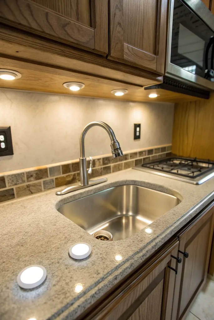 14 a detailed view under a kitchen cabinet thre