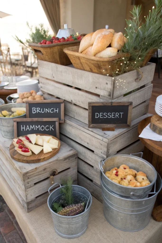 14 a farmhouse style buffet setup using stacked