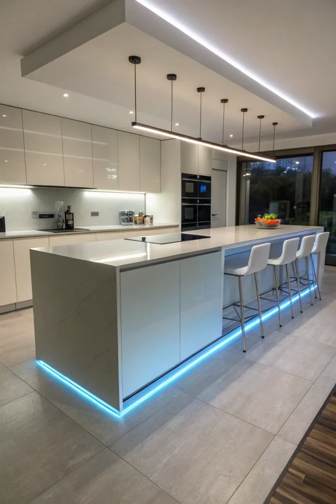 14 a modern kitchen island with an overhanging c