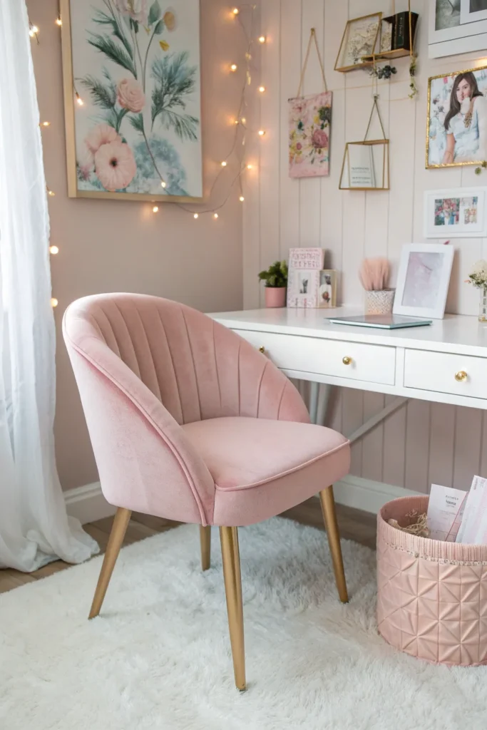 14 blush pink velvet dorm chair at white desk f