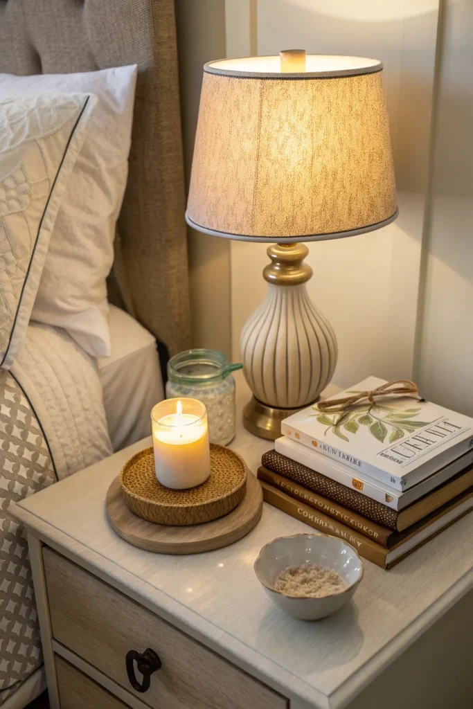 14 compact neutral bedside table setup beside do