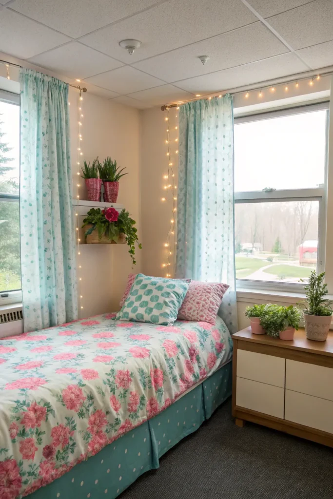 14 dorm room with floral bedding combining pink